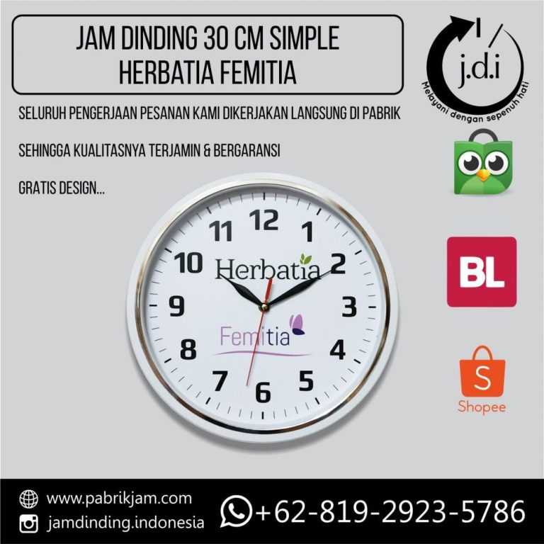 Tampilan depan jam dinding custom herbatia femitia 30cm top chrome dengan frame metalik produk dari https://pabrikjam.com.