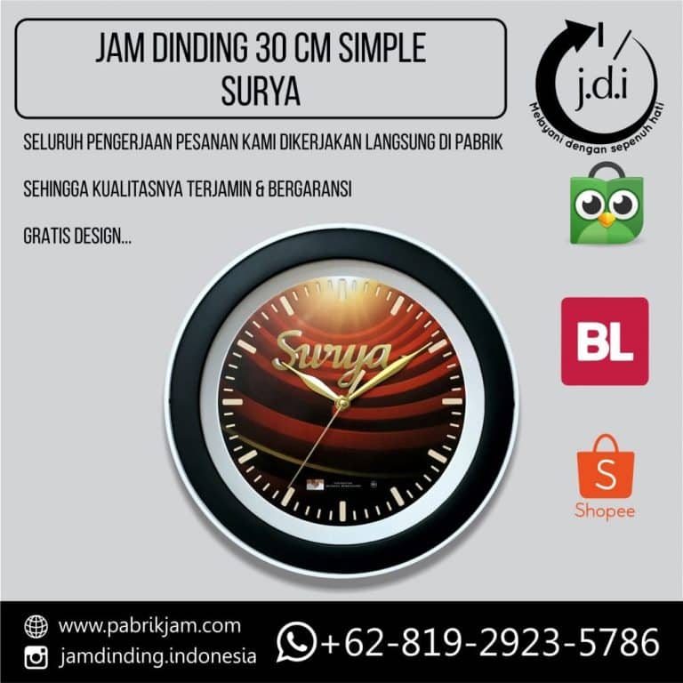 Jam dinding Surya custom 30cm sebagai media branding strategis dengan logo perusahaan Anda, pesan di https://pabrikjam.com untuk kualitas terjamin.