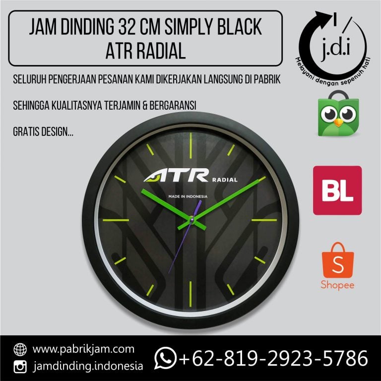 Tampilan depan Jam Dinding Custom ATR Achilles 32cm dengan logo presisi untuk branding dari https://pabrikjam.com.
