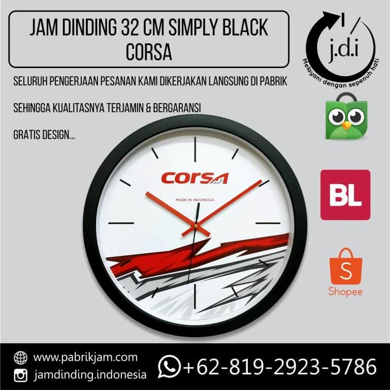 Tampilan depan jam dinding custom Corsa Tire 32cm dengan desain sporty merah-putih produksi https://pabrikjam.com.
