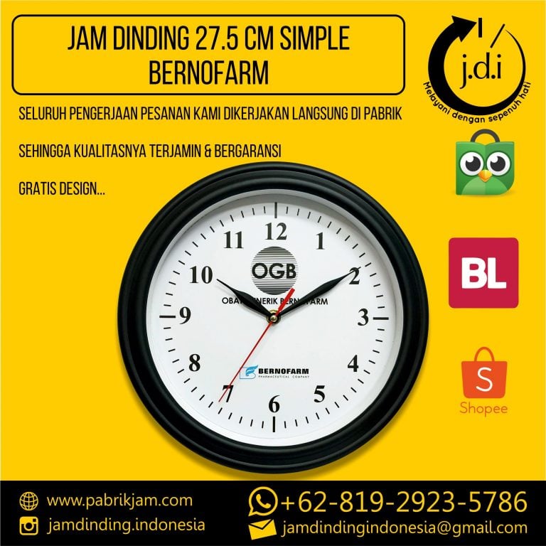 Jam dinding custom OGB Bernofarm 27.5cm simpel elegan untuk promosi perusahaan farmasi dari https://pabrikjam.com