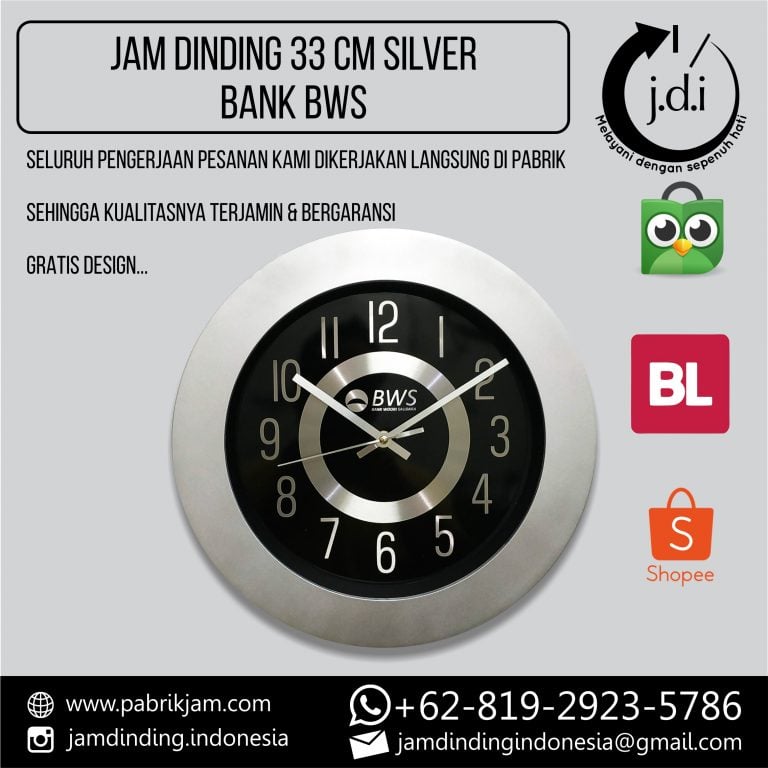 Jam bank woori saudara custom metal plat silver 33cm elegan untuk BWS https://pabrikjam.com