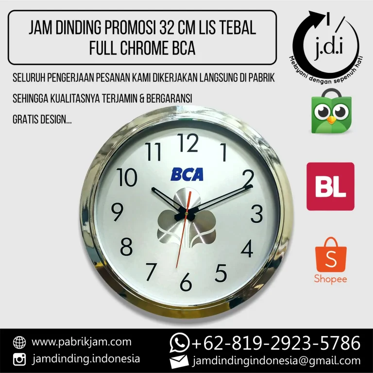 jam dinding custom logo metal BCA chrome 32cm produksi https://pabrikjam.com