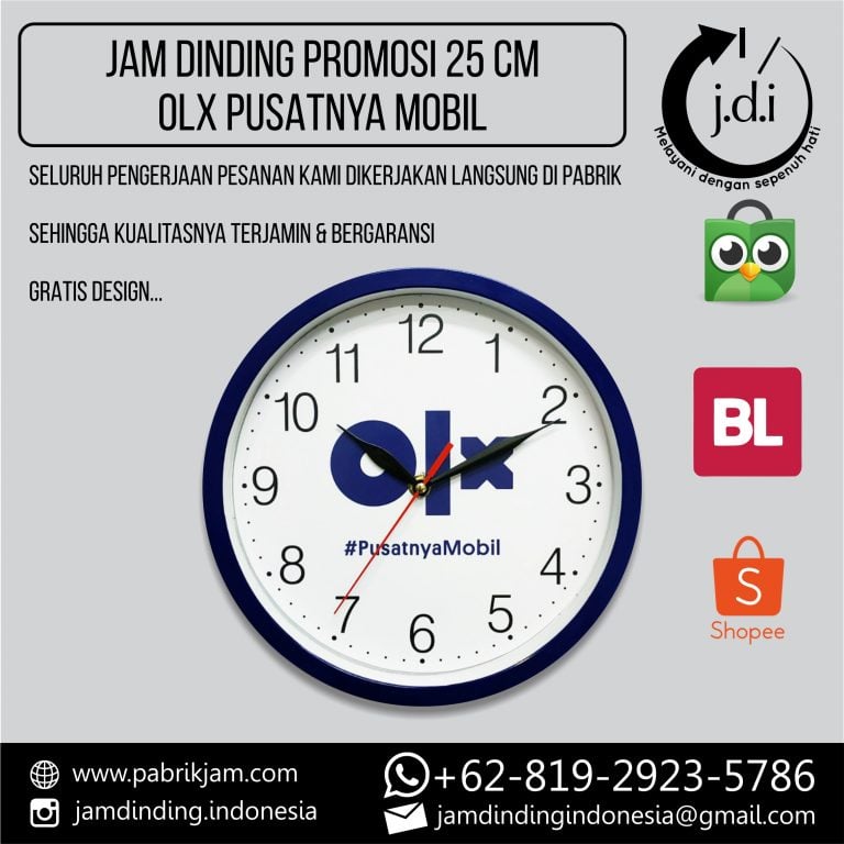 Souvenir Jam Dinding OLX 25cm biru sebagai merchandise cerdas dari https://pabrikjam.com.