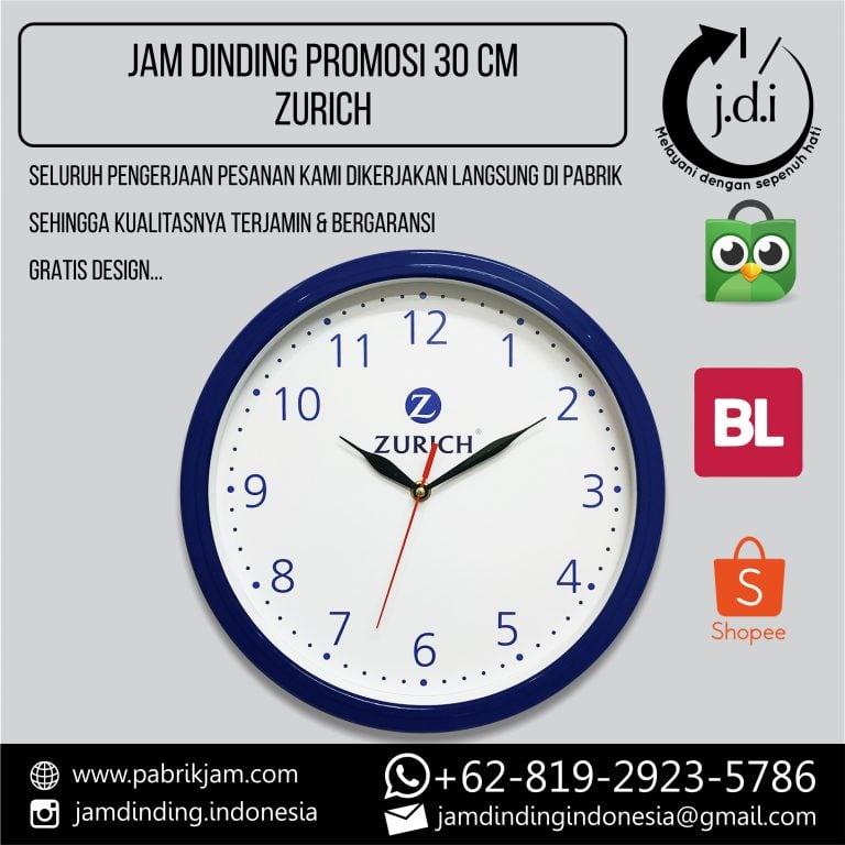 Jam Dinding Custom Zurich 30cm Biru untuk branding perusahaan dari https://pabrikjam.com.