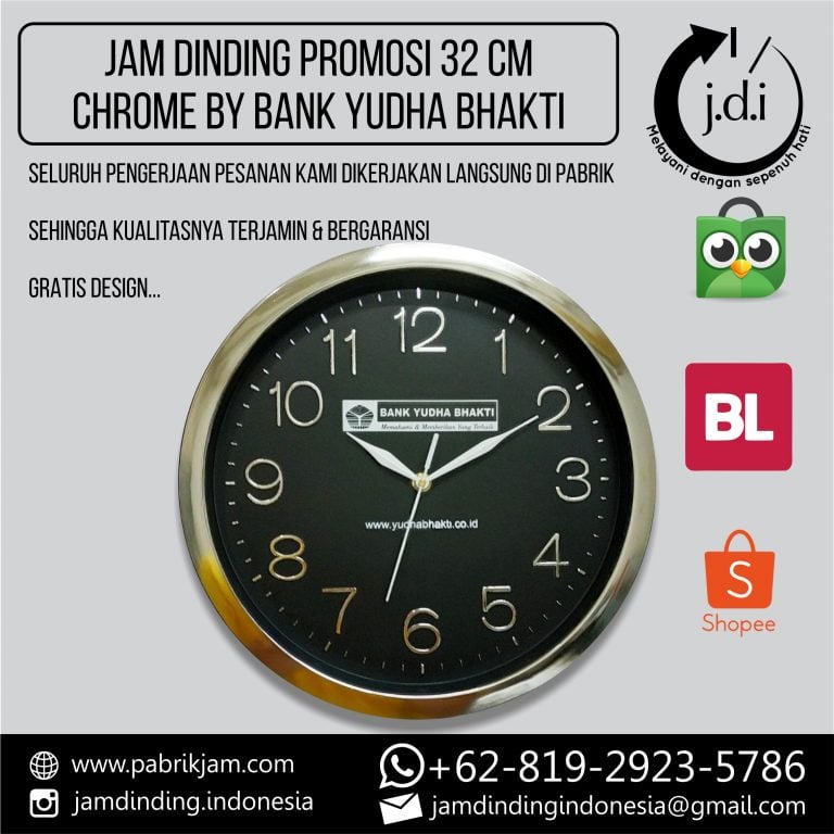 Tampilan depan Jam Dinding Custom Bank Yudha Bhakti 32cm Angka Timbul Chrome sebagai souvenir perusahaan eksklusif dari https://pabrikjam.com.