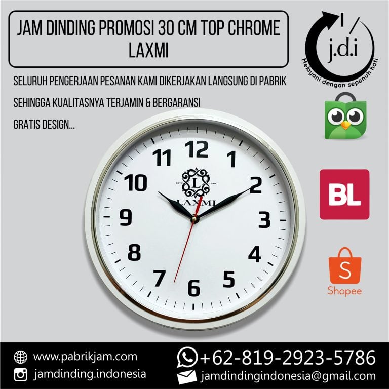 Jam dinding promosi Laxmi Tailors 30cm putih chrome, souvenir perusahaan elegan, pesan di https://pabrikjam.com
