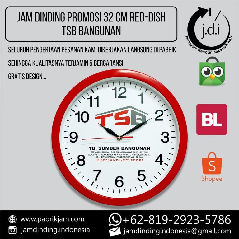 Jam Dinding Custom TSB Bangunan 32cm Merah pesanan khusus dari https://pabrikjam.com sebagai media promosi efektif.