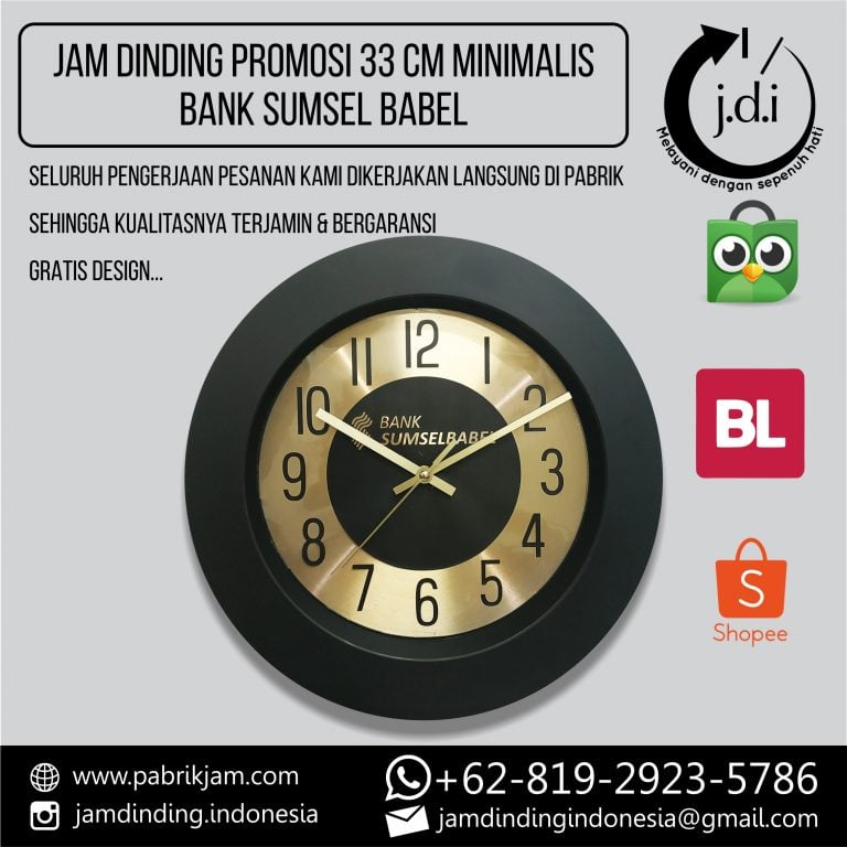 Tampilan depan produk Souvenir Jam Dinding 33cm Bank Sumsel Babel Metal Gold dengan frame hitam elegan, diproduksi oleh https://pabrikjam.com.