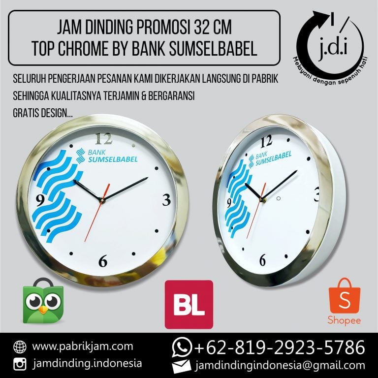 Jam dinding promosi Bank Sumsel Babel, contoh jam dinding custom bank sumsel babel 32cm chrome berkualitas dari https://pabrikjam.com.