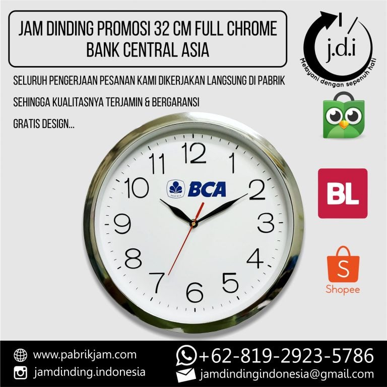 jam dinding BCA eksklusif chrome silver dengan logo dari https://pabrikjam.com