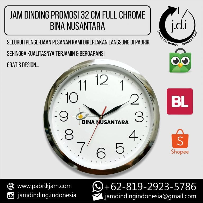 souvenir jam dinding custom logo BINUS 32cm angka timbul chrome https://pabrikjam.com