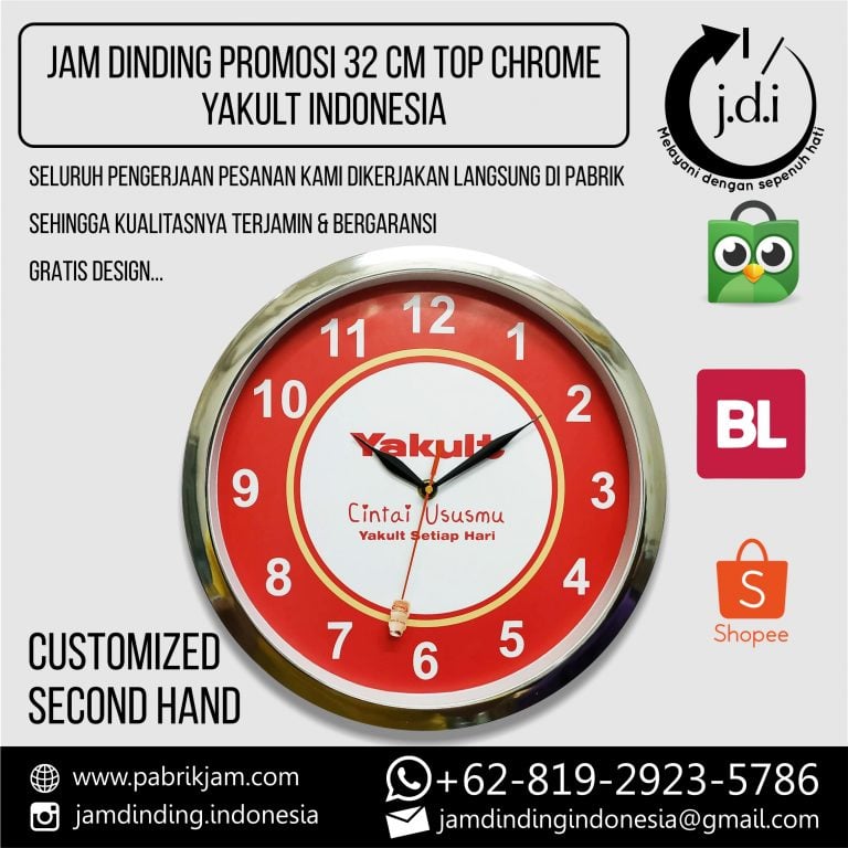 Jam dinding Yakult 32cm top chrome custom sebagai souvenir jam dinding promosi berkualitas dari https://pabrikjam.com untuk branding.