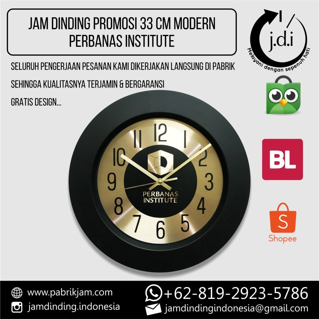 Jam Dinding Custom Perbanas 33cm Metal Gold elegan hasil produksi https://pabrikjam.com.
