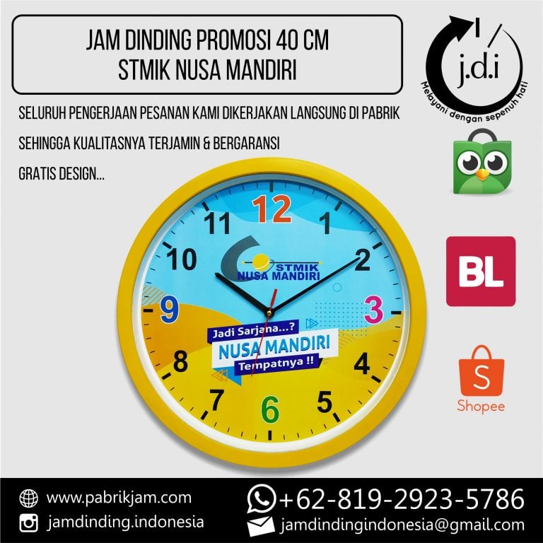 Souvenir Perusahaan STMIK Nusa Mandiri 40cm Kuning berupa jam dinding custom eksklusif dari https://pabrikjam.com