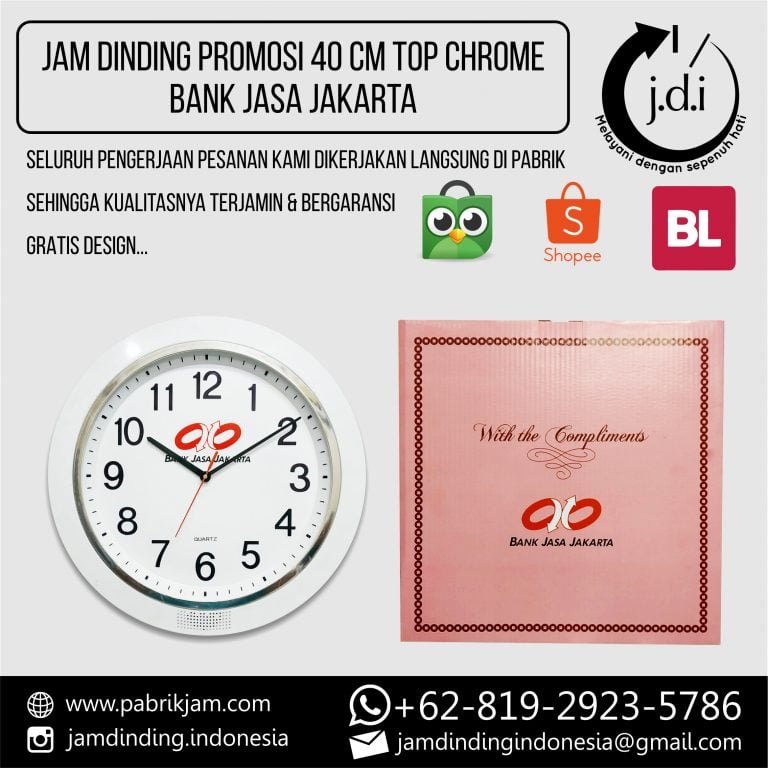 Tampilan depan souvenir jam dinding Bank Jasa Jakarta 40cm custom box dengan frame chrome silver dari https://pabrikjam.com.