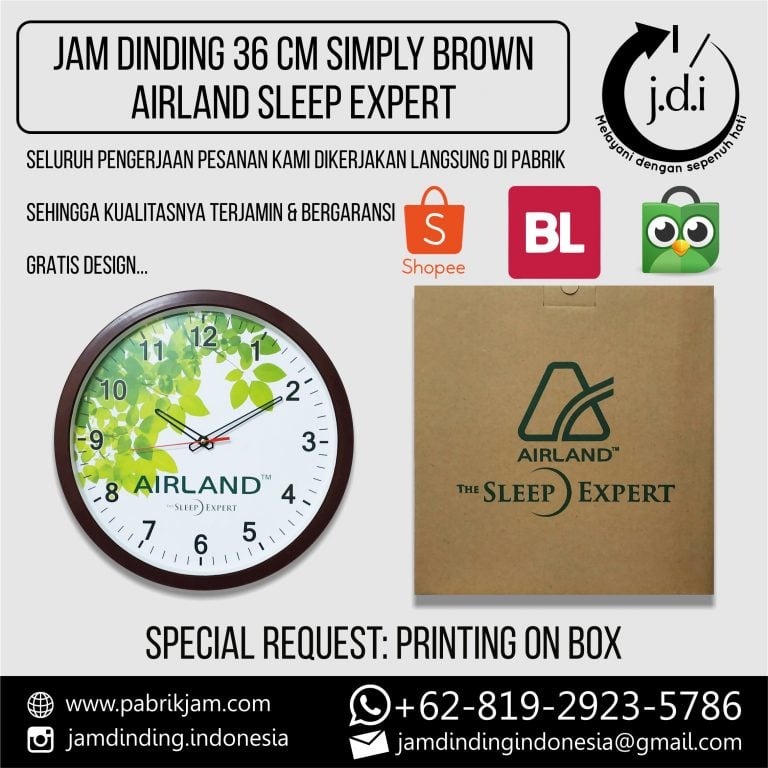 Souvenir jam airland 36 cm Sleep Expert dengan box custom elegan dari https://pabrikjam.com kualitas terjamin.