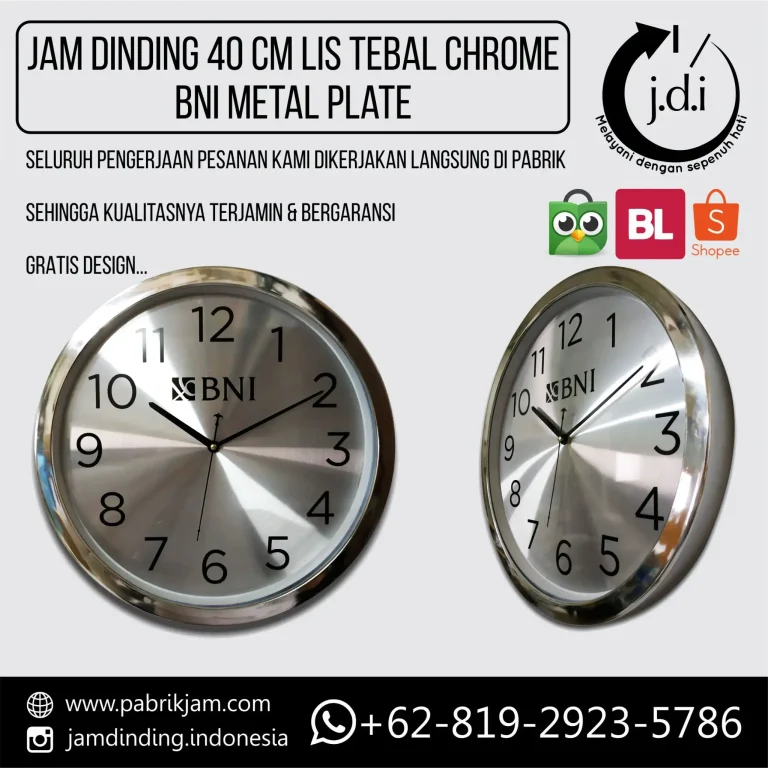 Jam Dinding Custom BNI 40cm Metal Dial Lis Tebal Full Chrome premium dari https://pabrikjam.com.