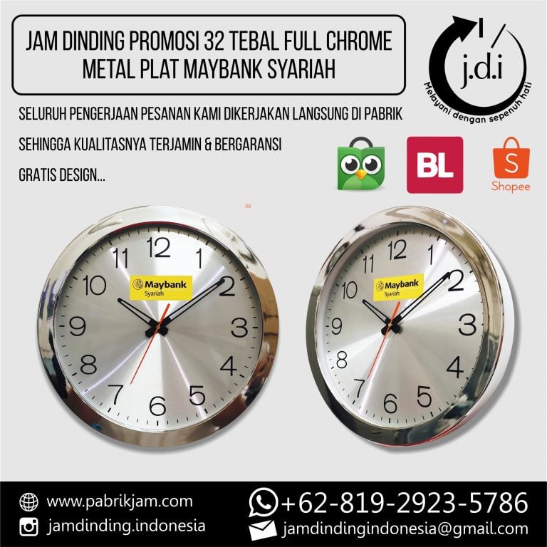 Tampilan depan Jam Dinding Custom Maybank Syariah 32cm Metal Full Chrome, produk souvenir premium untuk branding dari https://pabrikjam.com.