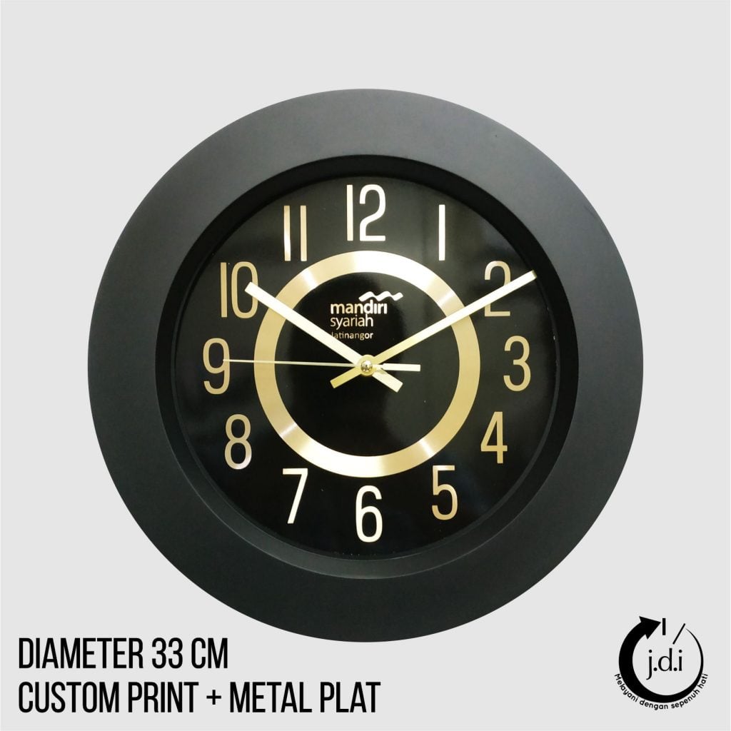Detail souvenir jam dinding custom logo Syariah Mandiri 33cm metal produksi https://pabrikjam.com
