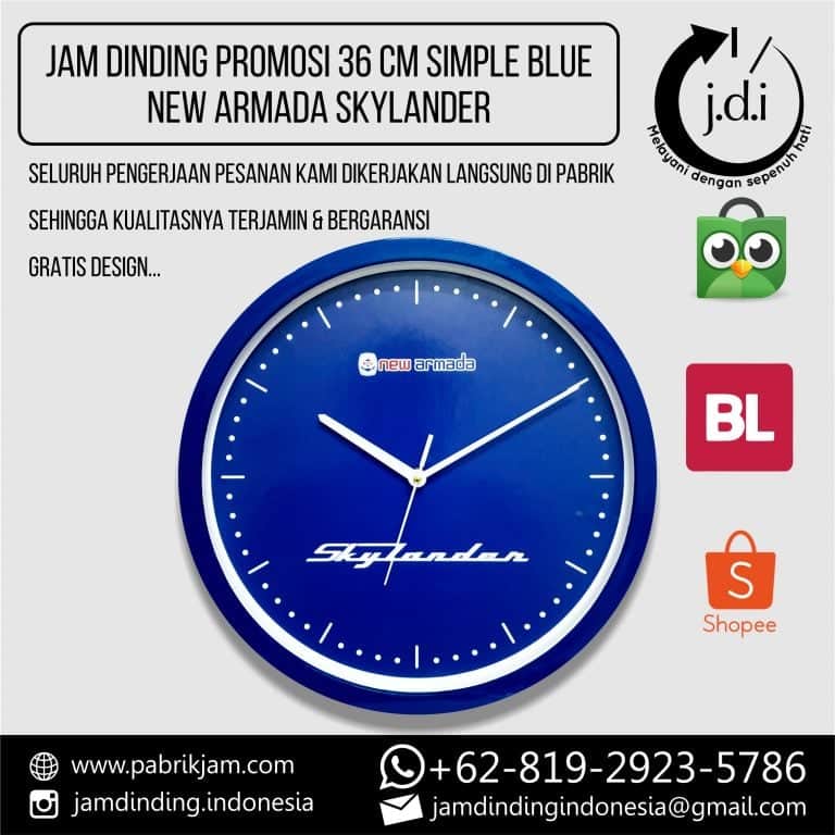 Tampak depan Jam Dinding Custom 36cm New Armada Biru dengan logo Skylander, produk promosi berkualitas dari https://pabrikjam.com.