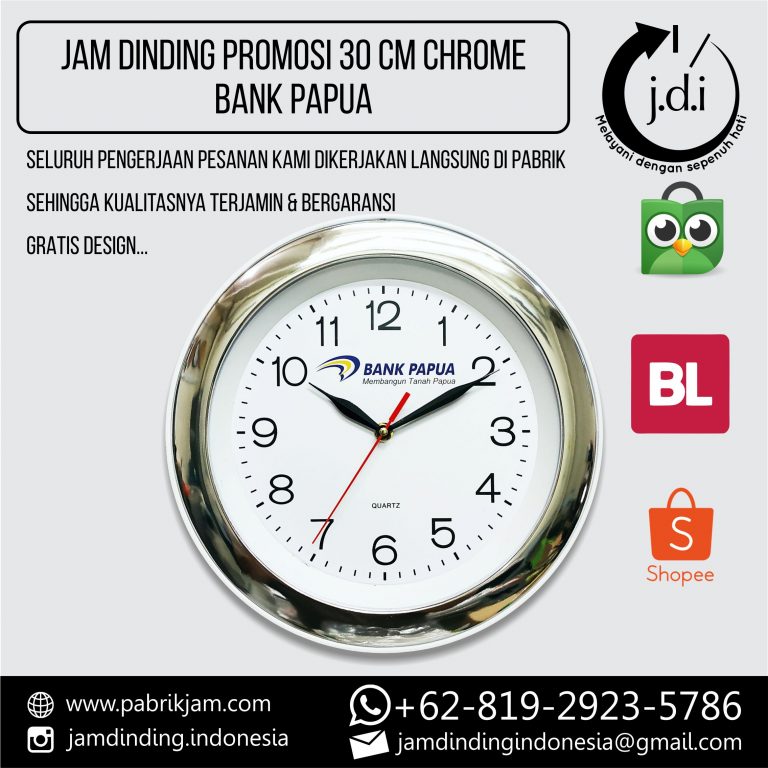 Souvenir Jam Dinding Bank Papua 30cm Chrome eksklusif untuk branding B2B dari https://pabrikjam.com.