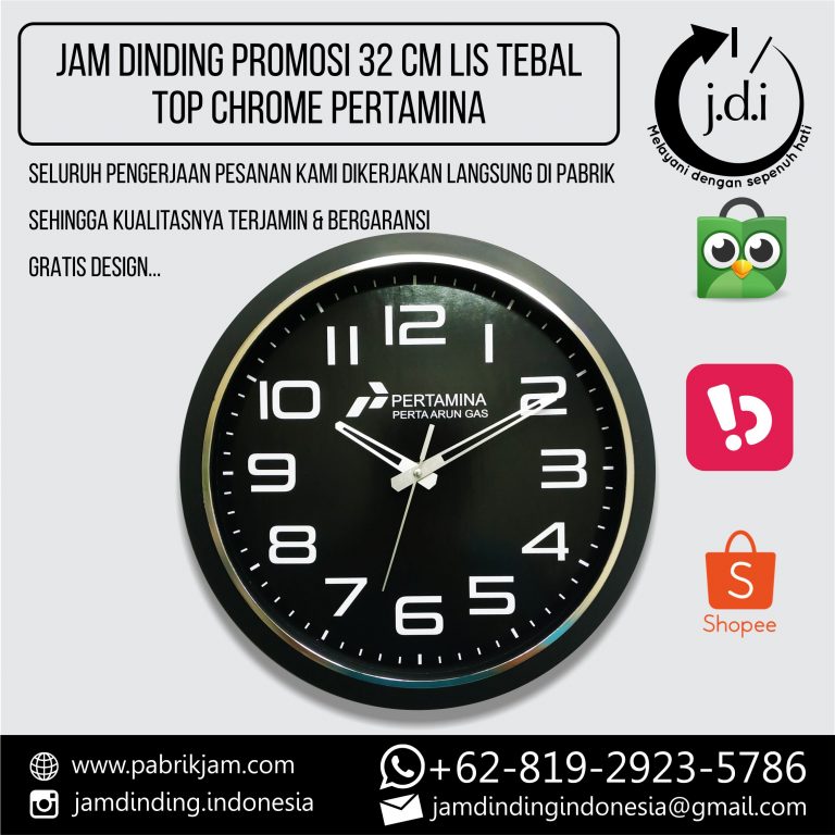 Souvenir Jam Dinding Pertamina 32cm tebal hitam super studi kasus branding dari https://pabrikjam.com.