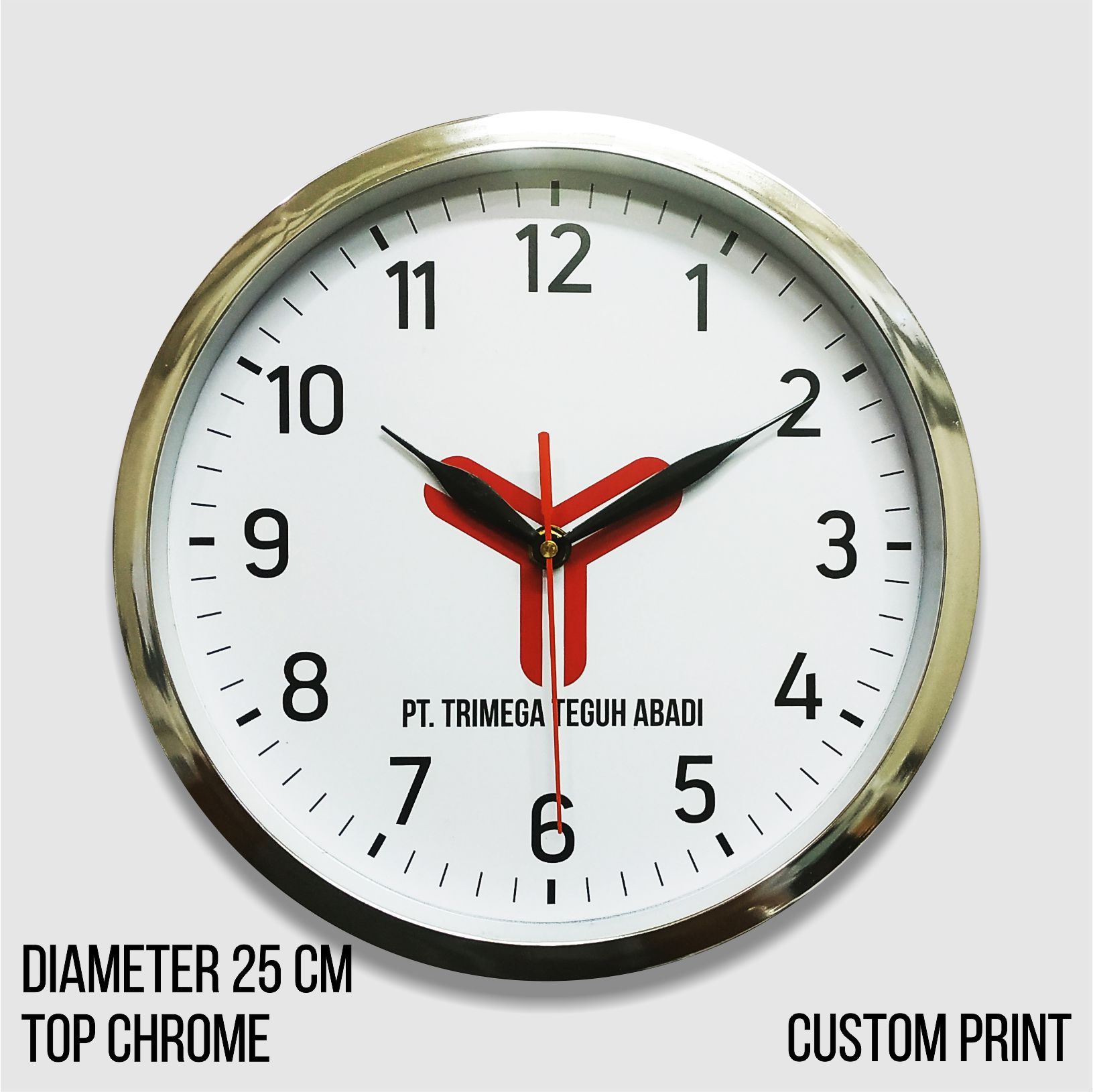 Detail Jam Dinding Custom Trimega Teguh Abadi 25cm Chrome dengan frame tebal berkualitas produksi https://pabrikjam.com.