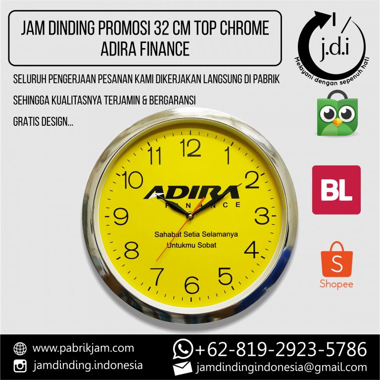 Tampilan depan souvenir jam dinding Adira Finance 32cm top chrome berkualitas dari https://pabrikjam.com.