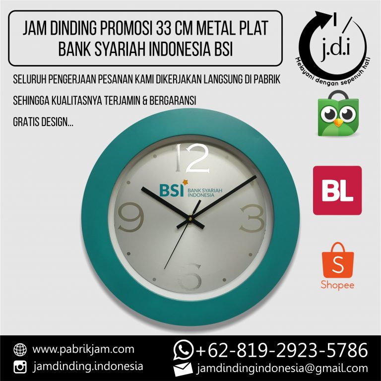 SOUVENIR JAM DINDING PROMOSI 33 CM METALIC PLAT BANK SYARIAH INDONESIA BSI