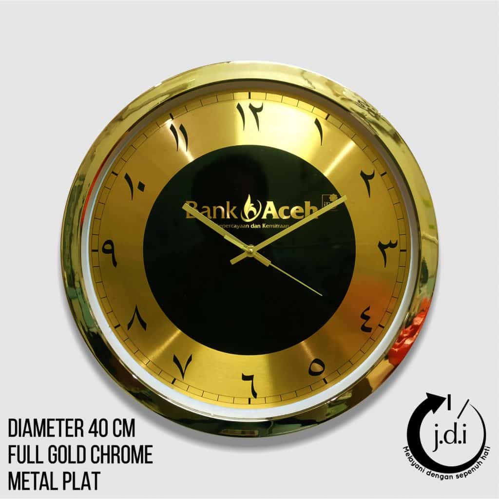 Detail jam bank aceh 40cm plat metal Full Gold Chrome dengan angka Arab https://pabrikjam.com