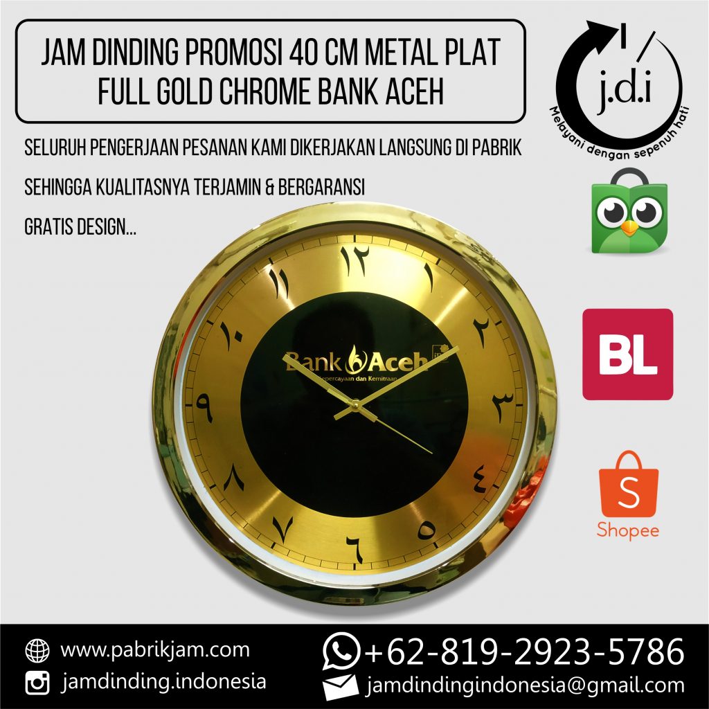 Tampilan depan jam bank aceh 40cm custom Full Gold Chrome untuk branding https://pabrikjam.com