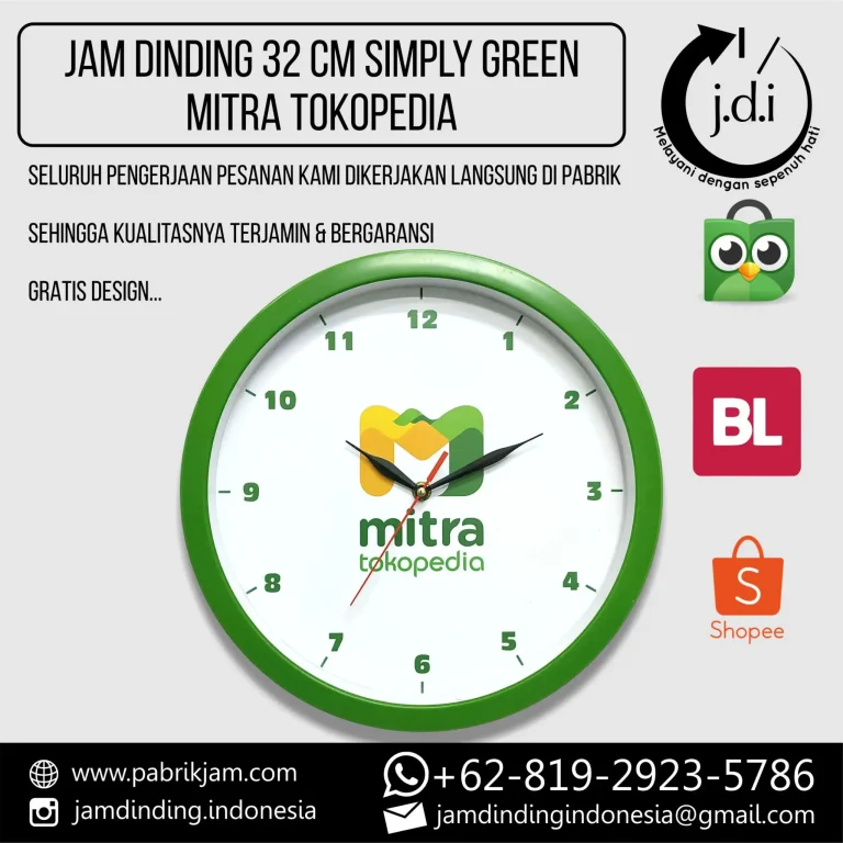 Tampilan depan jam dinding custom Mitra Tokopedia 32cm sebagai souvenir eksklusif dari https://pabrikjam.com.