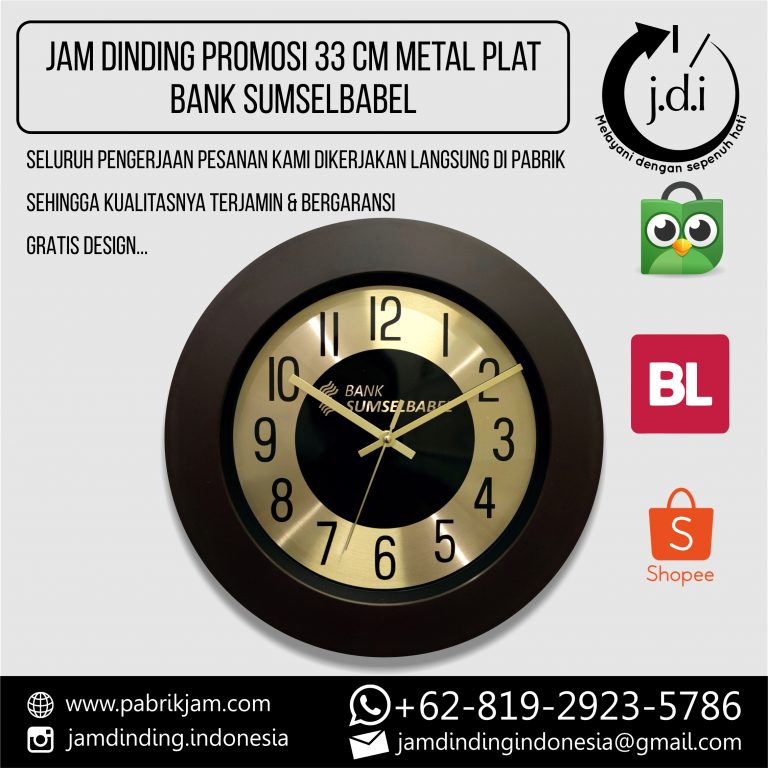 Tampilan depan souvenir jam dinding custom Bank Sumselbabel 33cm metal dial produksi https://pabrikjam.com.