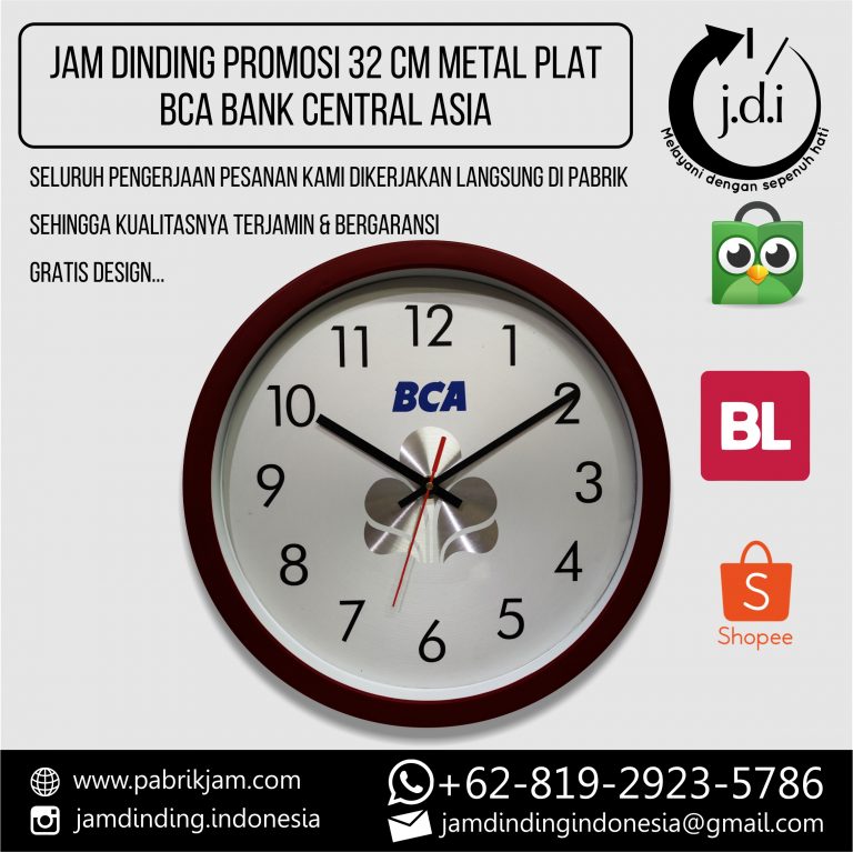 SOUVENIR MERCHANDISE JAM DINDING PROMOSI 32 CM BCA BANK CENTRAL ASIA PLAT METAL LIS COKLAT KAYU