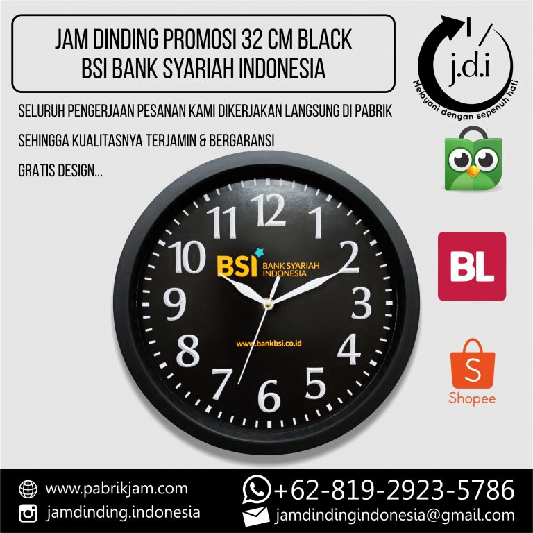 SOUVENIR MERCHANDISE JAM DINDING PROMOSI 32 CM BLACK SIMPLE BSI BANK SYARIAH INDONESIA