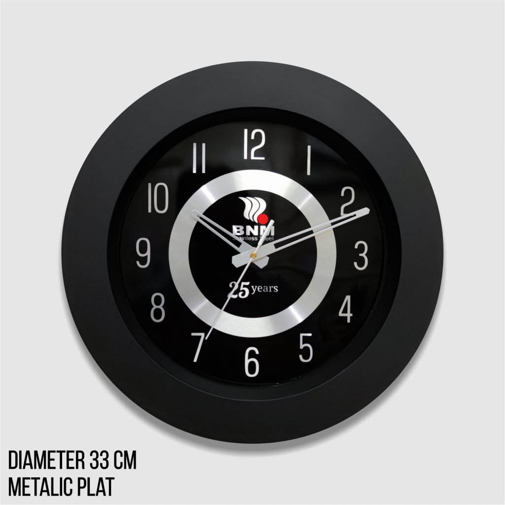 SOUVENIR MERCHANDISE JAM DINDING PROMOSI 33 CM METALIC PLAT BINA NIAGA MULTIUSAHA BNM STAINLESS STEEL