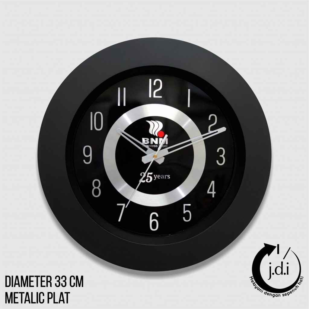 SOUVENIR MERCHANDISE JAM DINDING PROMOSI 33 CM METALIC PLAT BINA NIAGA MULTIUSAHA BNM STAINLESS STEEL