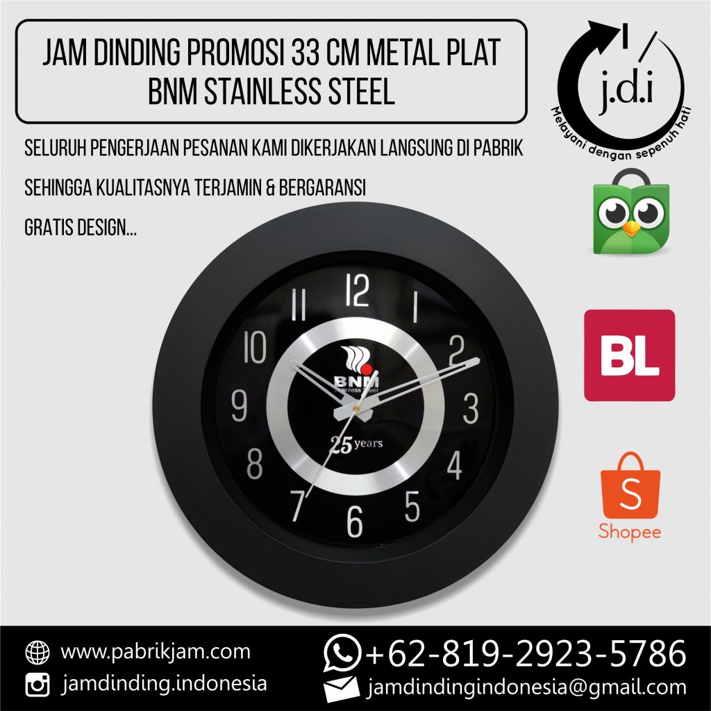 SOUVENIR MERCHANDISE JAM DINDING PROMOSI 33 CM METALIC PLAT BINA NIAGA MULTIUSAHA BNM STAINLESS STEEL