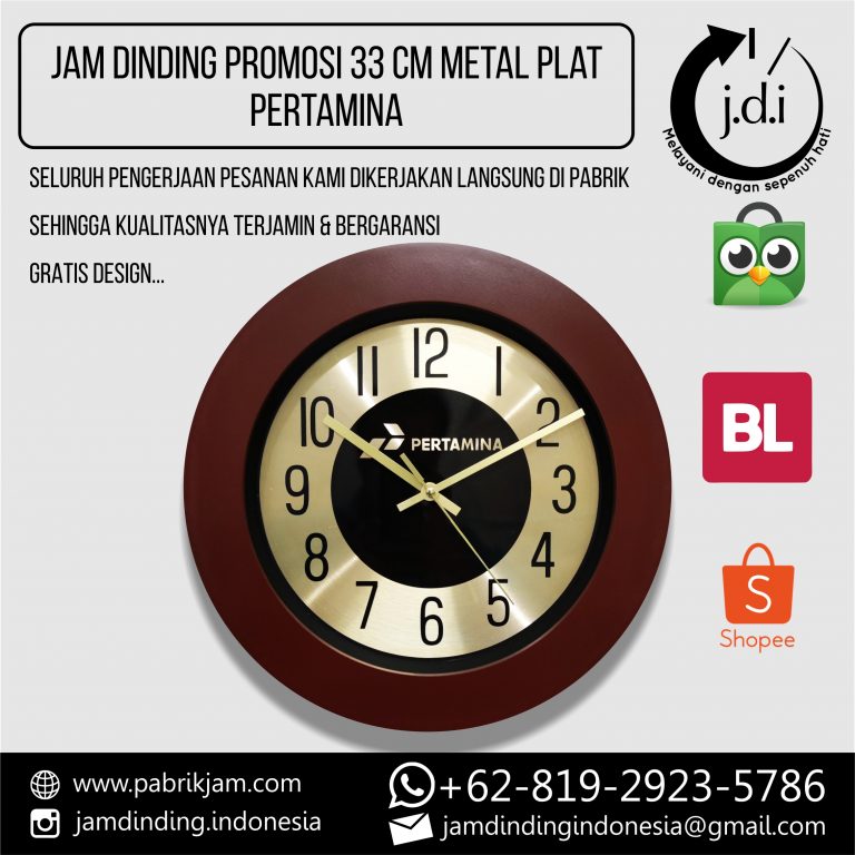 Souvenir jam dinding custom pertamina 33cm metal gold produksi https://pabrikjam.com