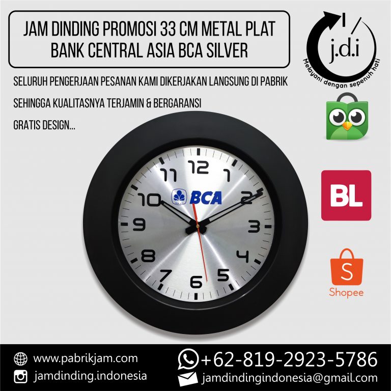Jam Dinding Custom BCA Metal 33cm Silver Hitam elegan dari https://pabrikjam.com sebagai souvenir perusahaan.