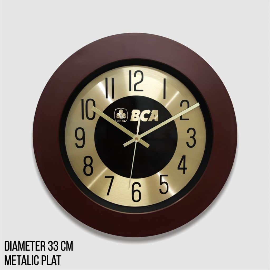 SOUVENIR MERCHANDISE JAM DINDING PROMOSI 33 CM METALIC PLAT BANK CENTRAL ASIA BCA GOLD BLACK BROWN