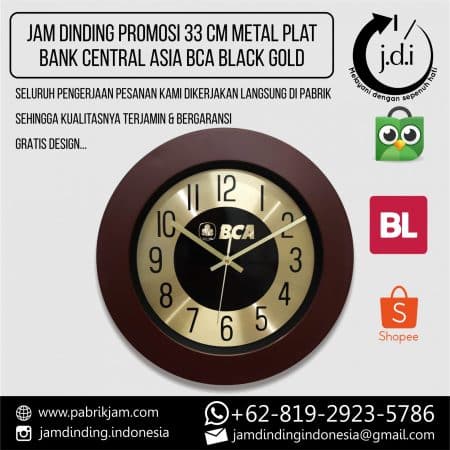 SOUVENIR MERCHANDISE JAM DINDING PROMOSI 33 CM METALIC PLAT BANK CENTRAL ASIA BCA GOLD BLACK BROWN
