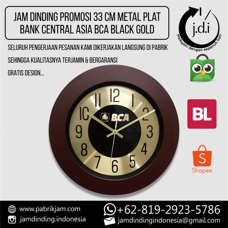 SOUVENIR MERCHANDISE JAM DINDING PROMOSI 33 CM METALIC PLAT BANK CENTRAL ASIA BCA GOLD BLACK BROWN