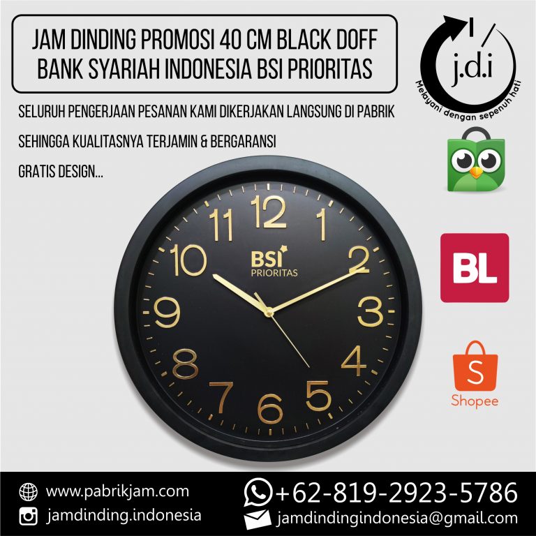 SOUVENIR MERCHANDISE JAM DINDING PROMOSI 40 CM BLACK DOFF BANK SYARIAH INDONESIA BSI PRIORITAS