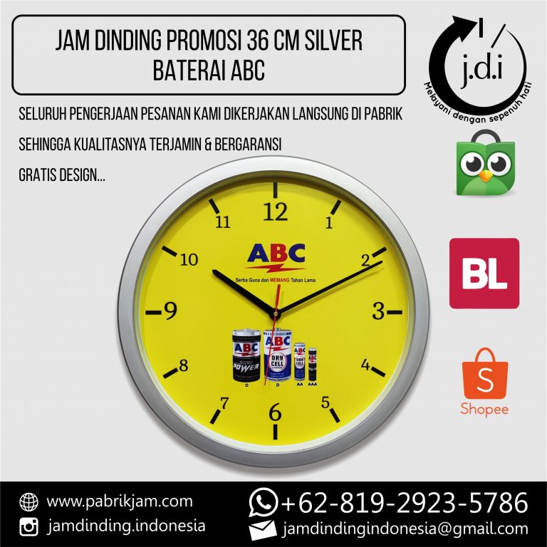 Tampilan depan Jam Dinding Custom Baterai ABC 36cm Lis Grey sebagai merchandise promosi dari https://pabrikjam.com.