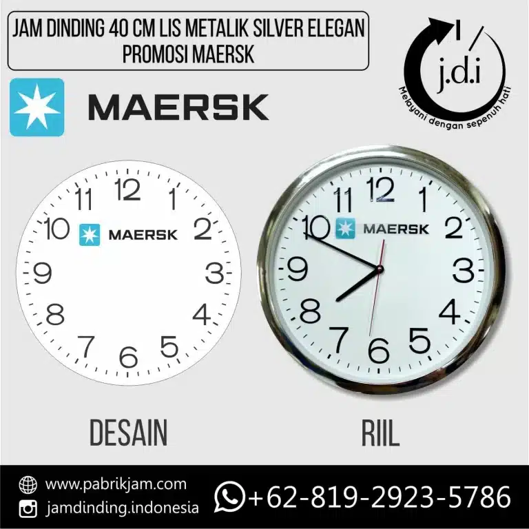 Desain jam dinding promosi maersk 40cm angka timbul top chrome yang elegan dengan lis metalik silver, contoh dari https://pabrikjam.com.