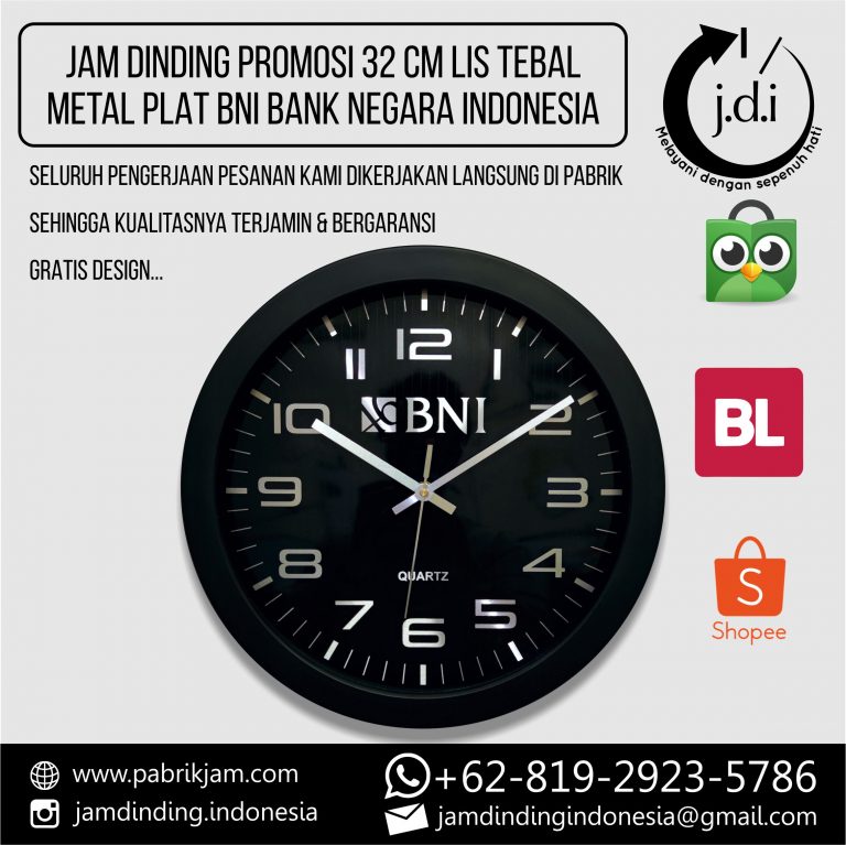 SOUVENIR JAM DINDING PROMOSI 32 CM LIS TEBAL METAL PLAT BNI BANK NEGARA INDONESIA