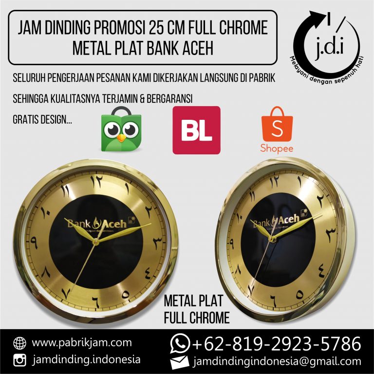 SOUVENIR MERCHANDISE JAM DINDING PROMOSI 25 CM FULL CHROME METAL PLAT BANK ACEH