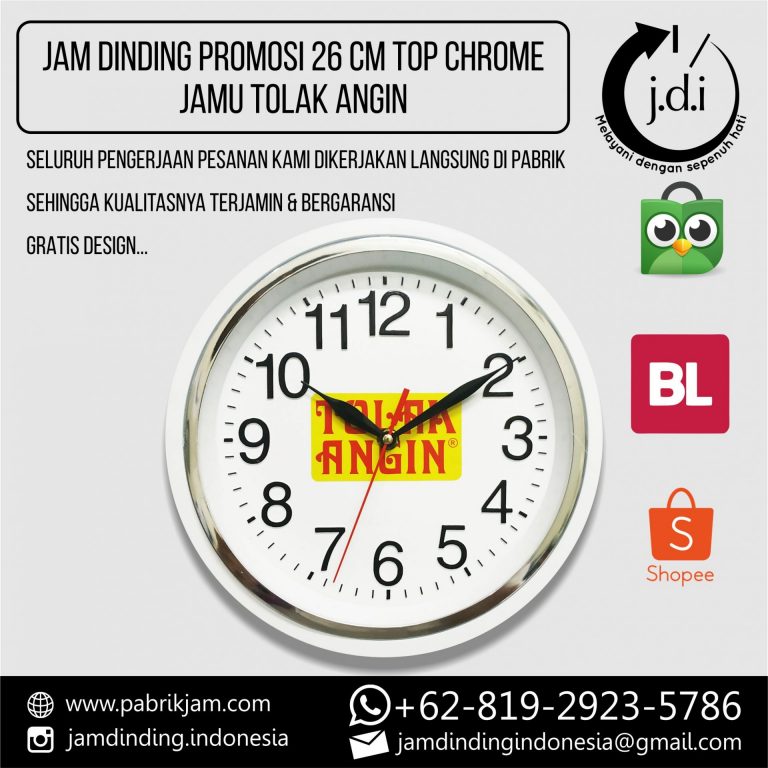 SOUVENIR MERCHANDISE JAM DINDING PROMOSI 26 CM TOP CHROME JAMU TOLAK ANGIN